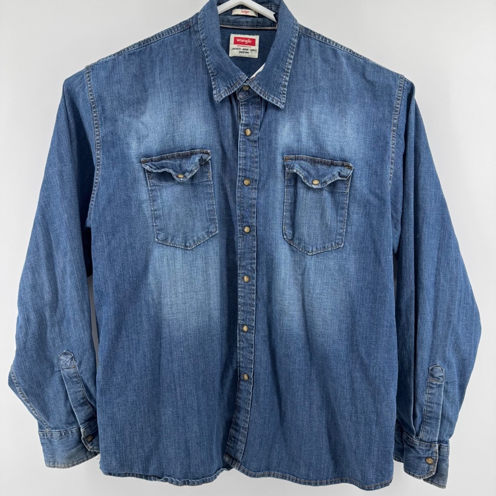 Wrangler Denim Shirt Mens 2XL Blue Long Sleeve Snap Button Western Stretch